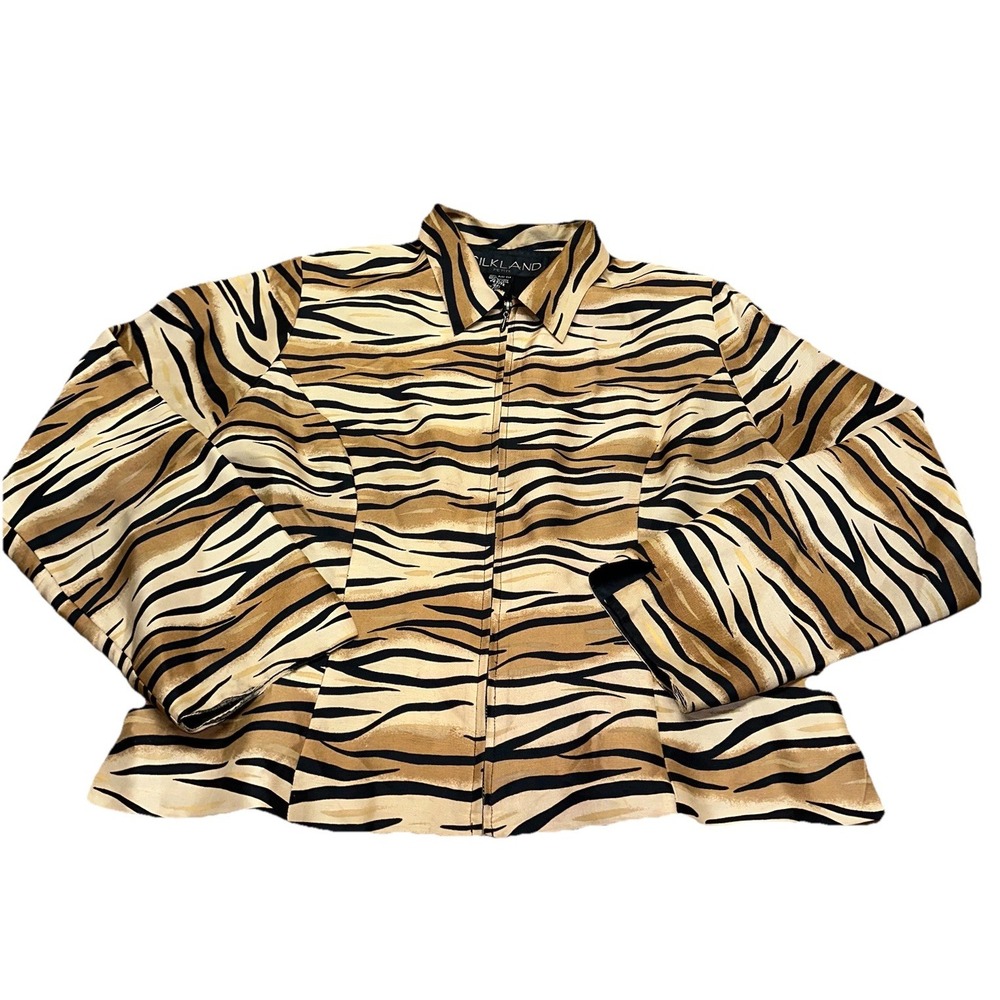 Vintage Silkland Petite 100% Silk Tiger Stripe Full Zip Up Jacket Womens 6P Flaw